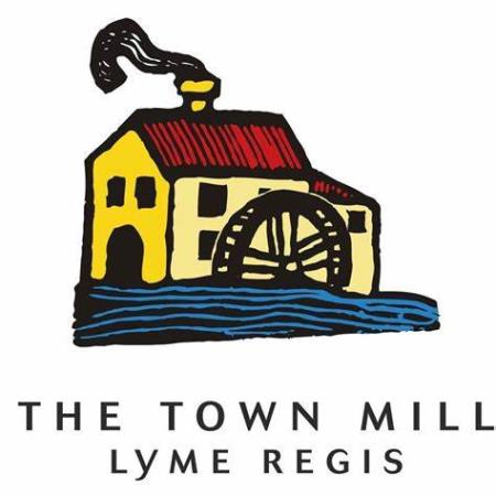 graphic colourful illustration of water mill in red and yellow to represent the town mill logo